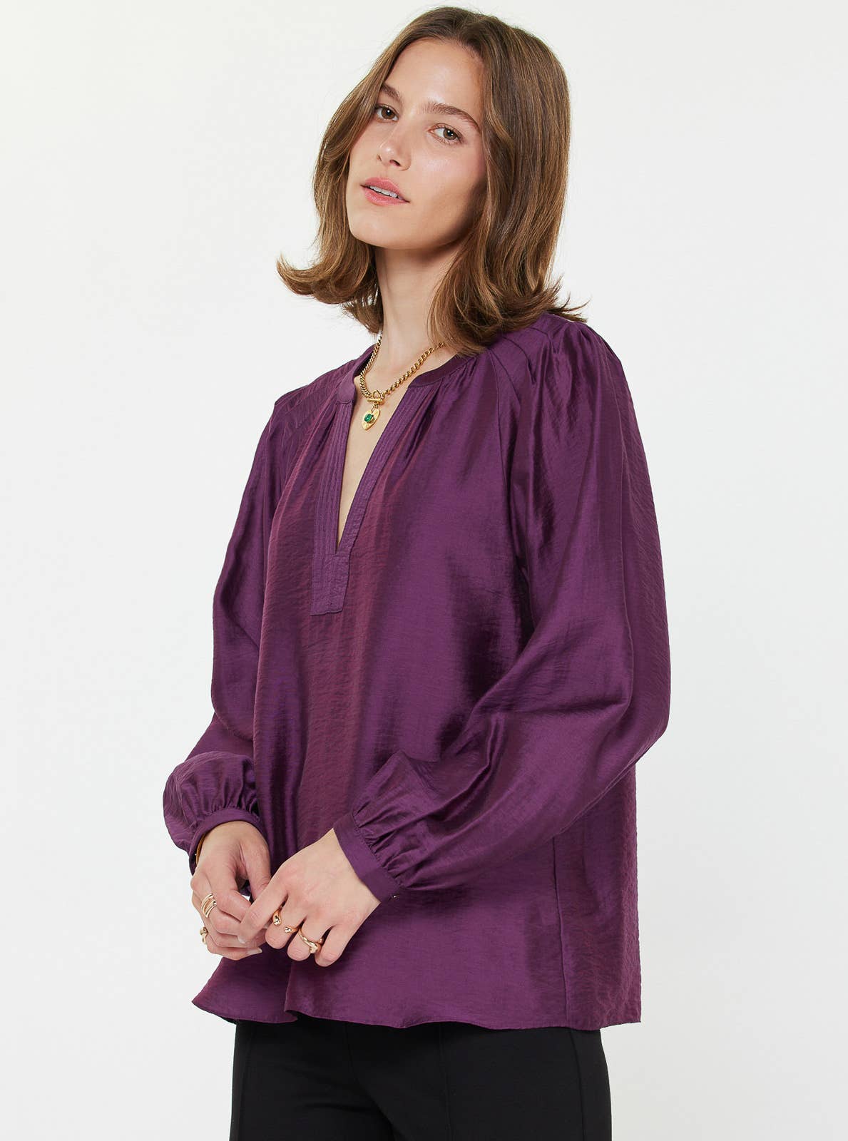 Long-sleeve Split Neck Blouse
