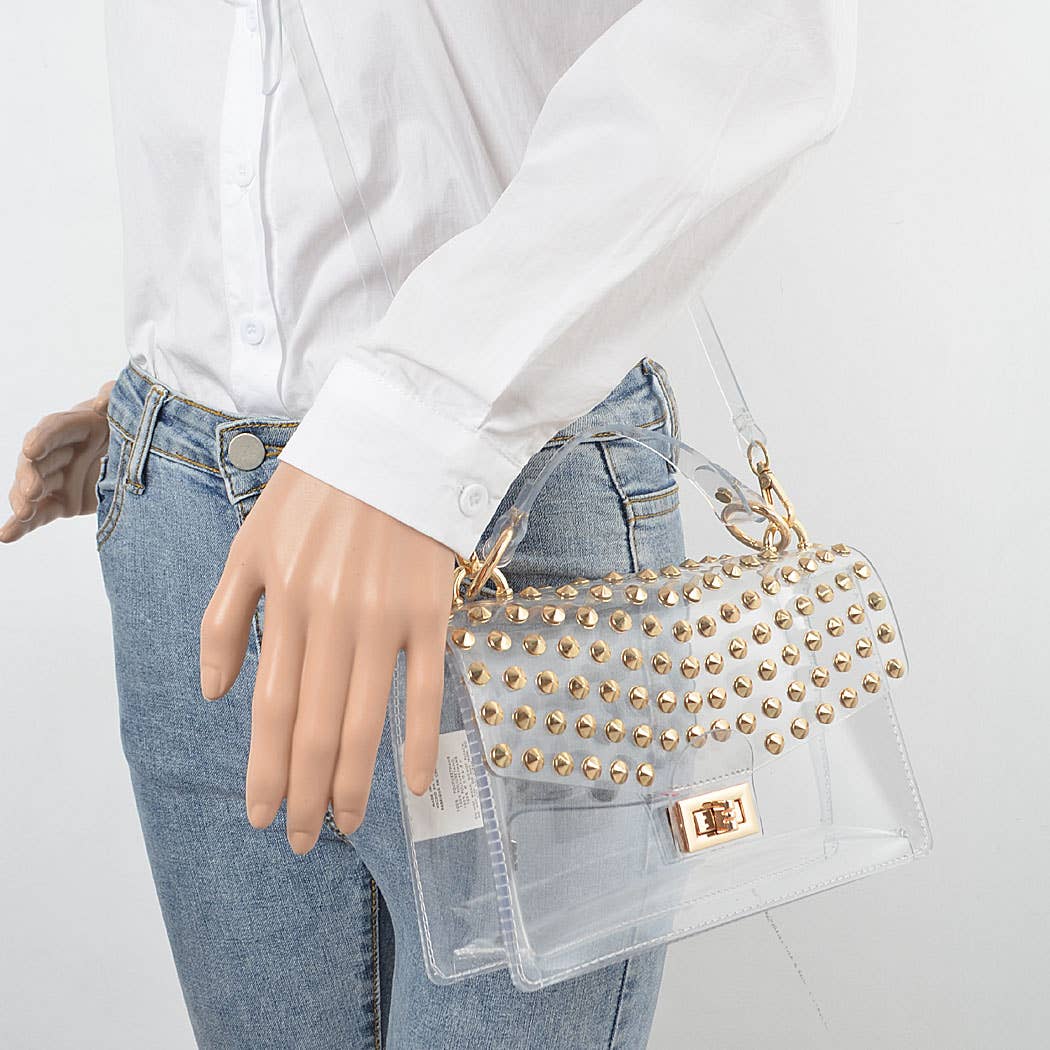 Studded Transparent Top Handle Bag: Gold