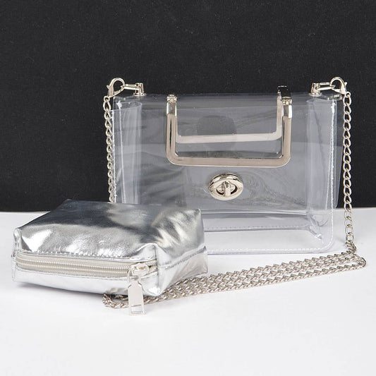 Metal Handle Clear Bag W/Pouch: Silver