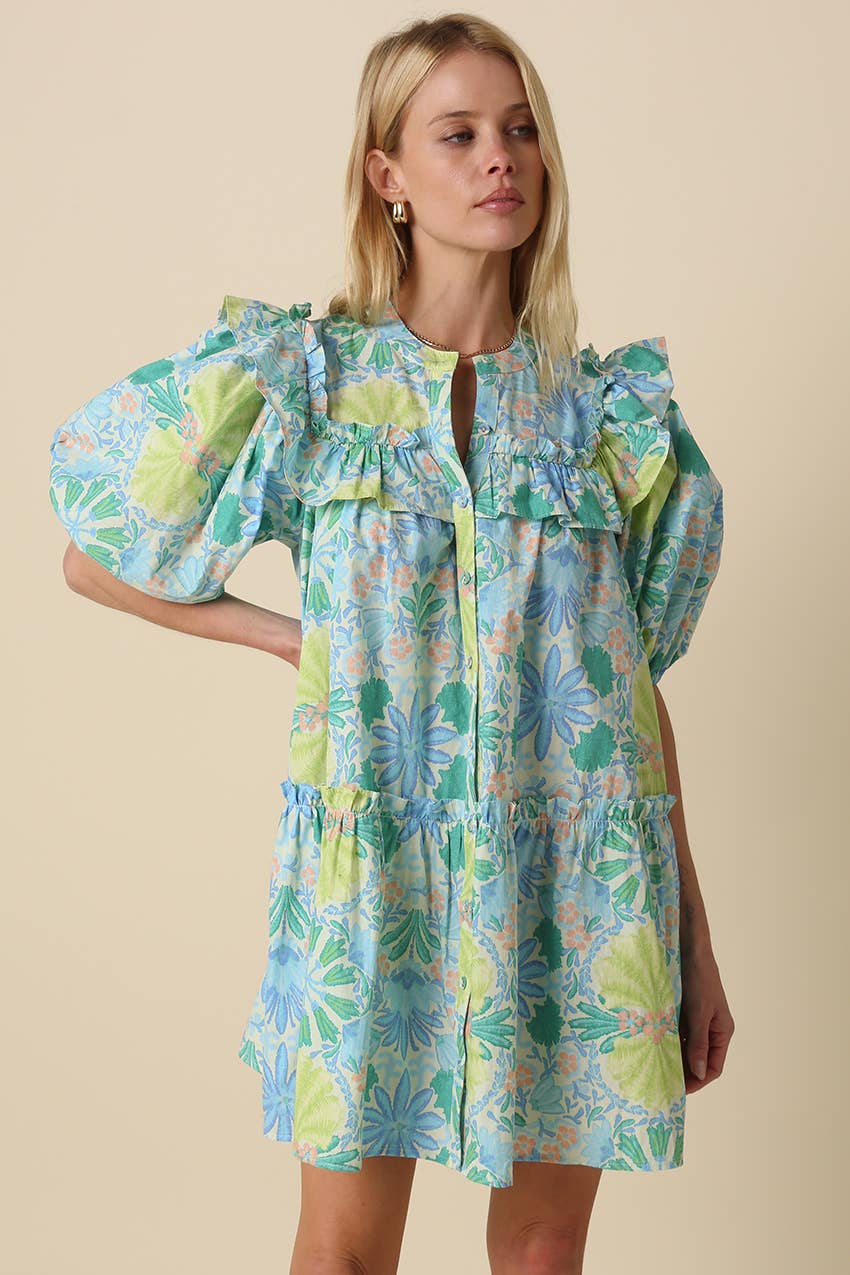 loft green floral dress Lilah Floral Ruffle Shoulder Dress