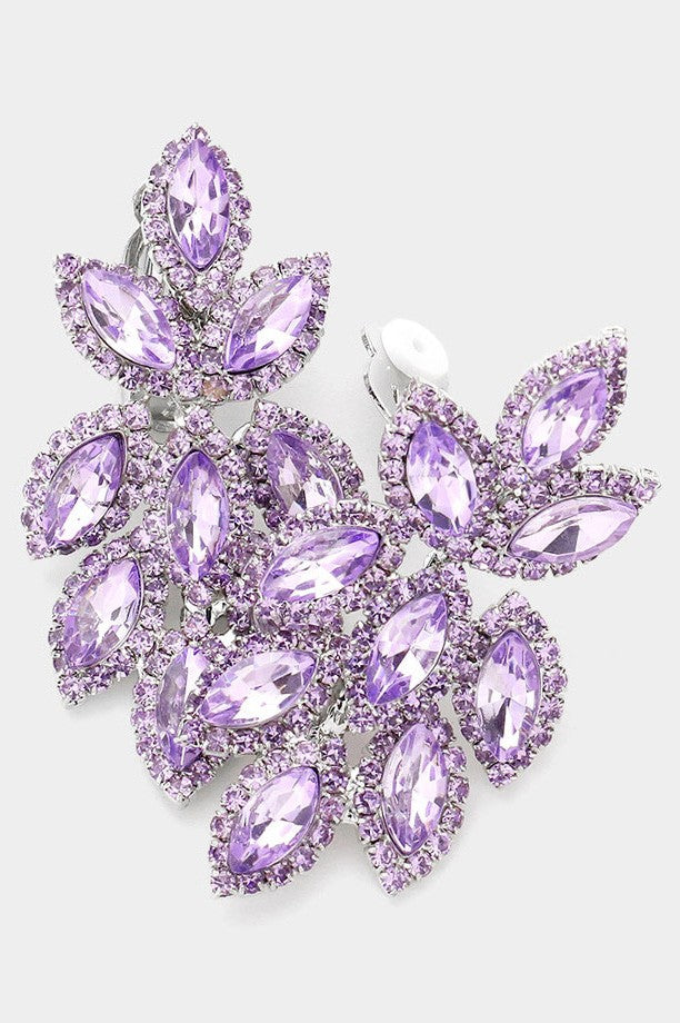 Rhinestone Oval Clustered Clip On Earrings-Lavender