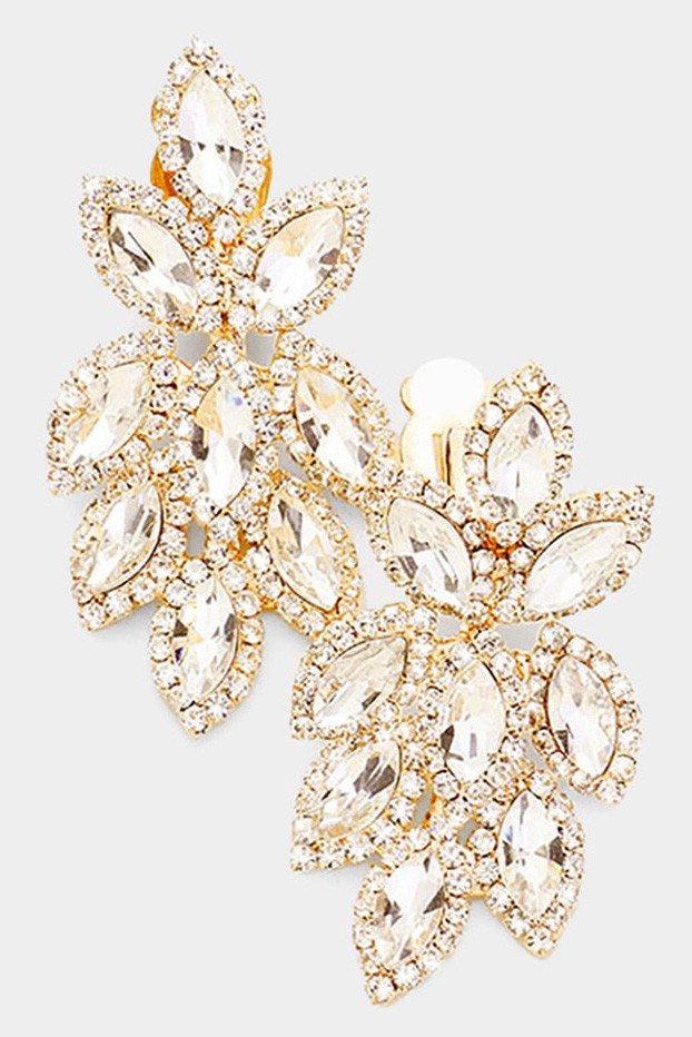 Rhinestone Oval Clustered Clip On Earrings- Gold