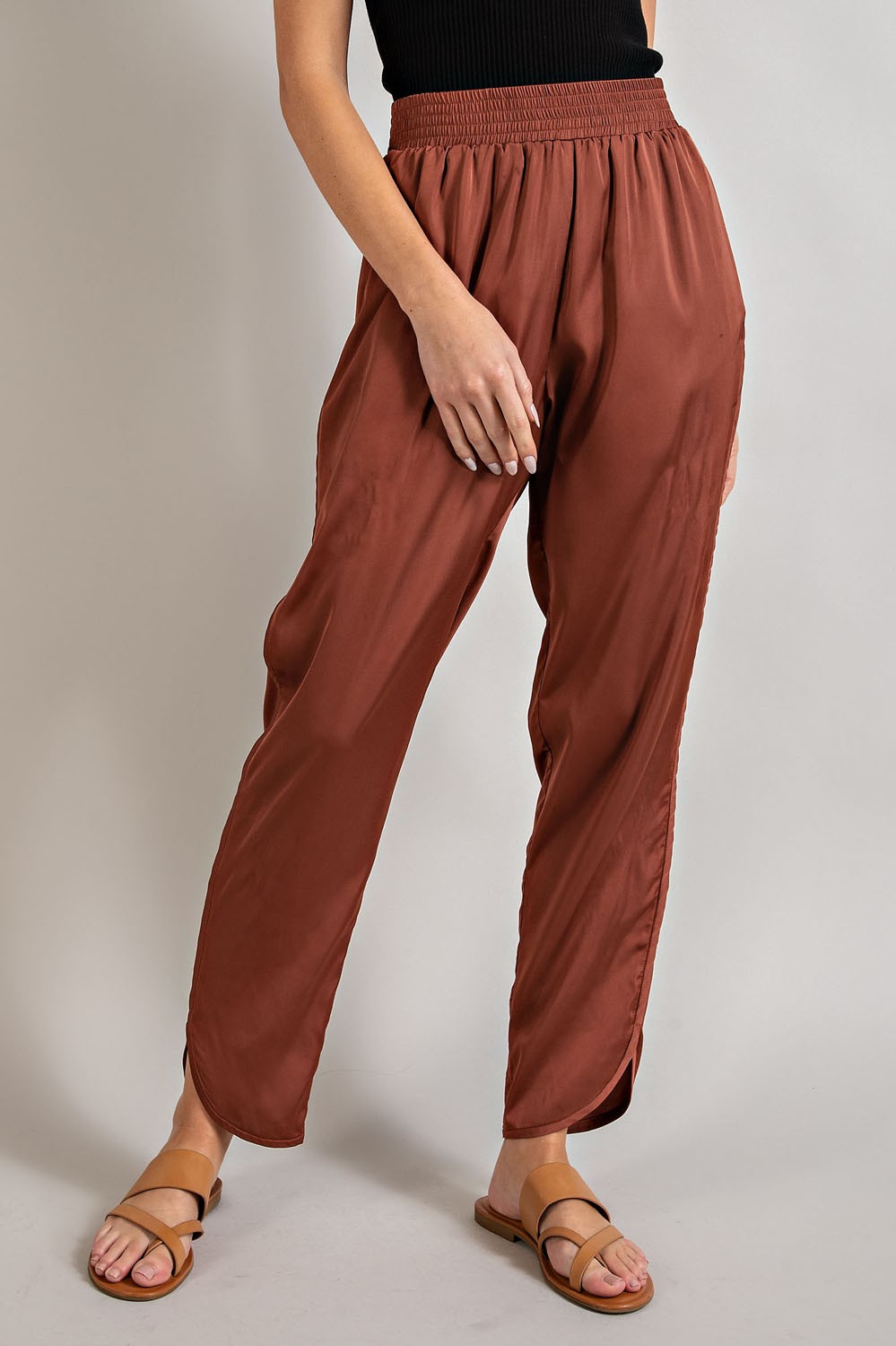 Smocked Satin Pants In Cinnamon