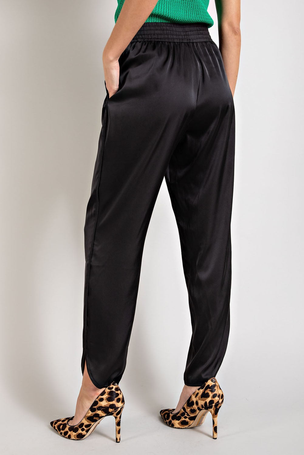 Smocked Satin Pants In Black
