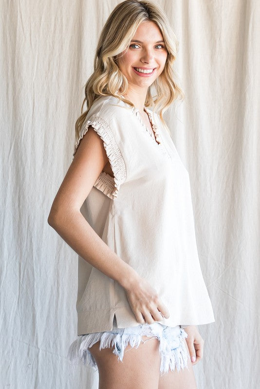 Solid Frilled V-Neck Top In Oatmeal