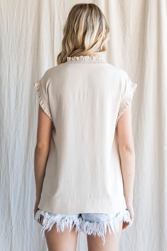 Solid Frilled V-Neck Top In Oatmeal