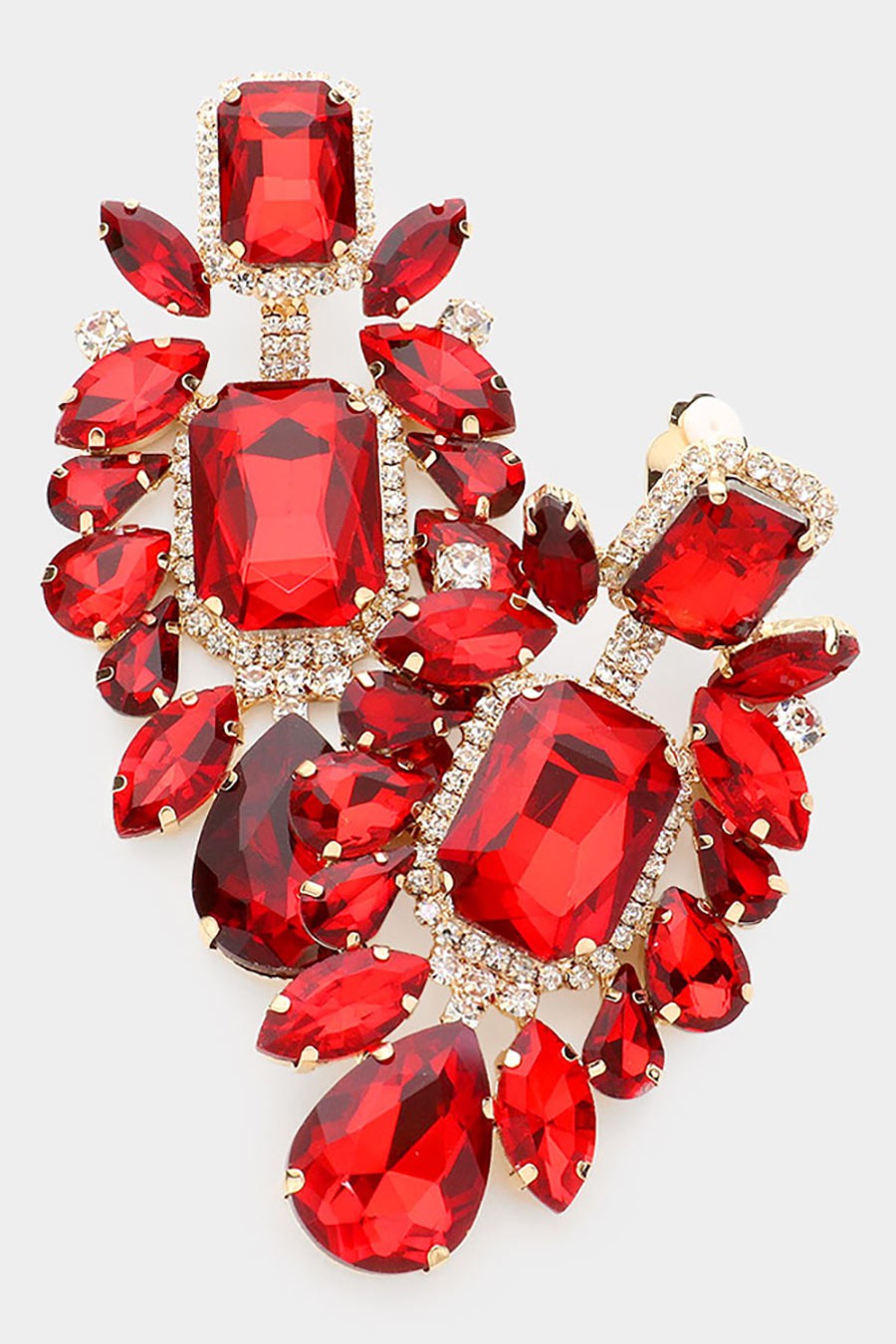 Multi Stone Embellished Evening Clip on Earrings-Red