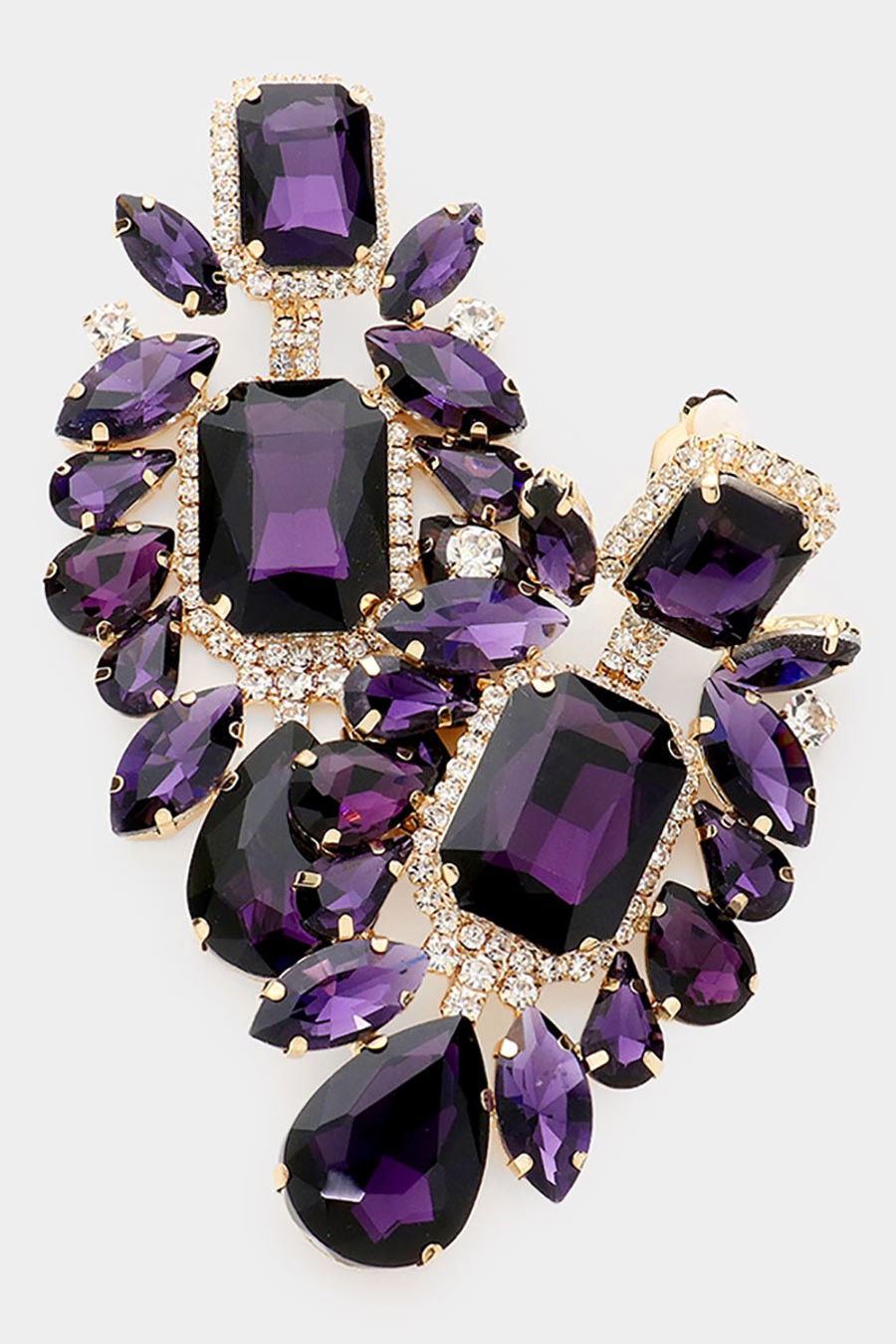 Multi Stone Embellished Evening Clip on Earrings-Purple