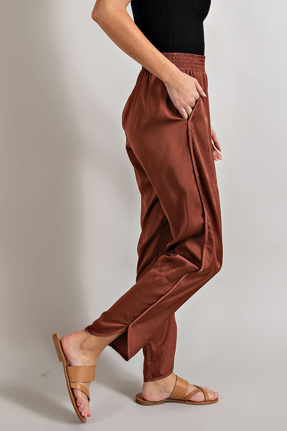 Smocked Satin Pants In Cinnamon