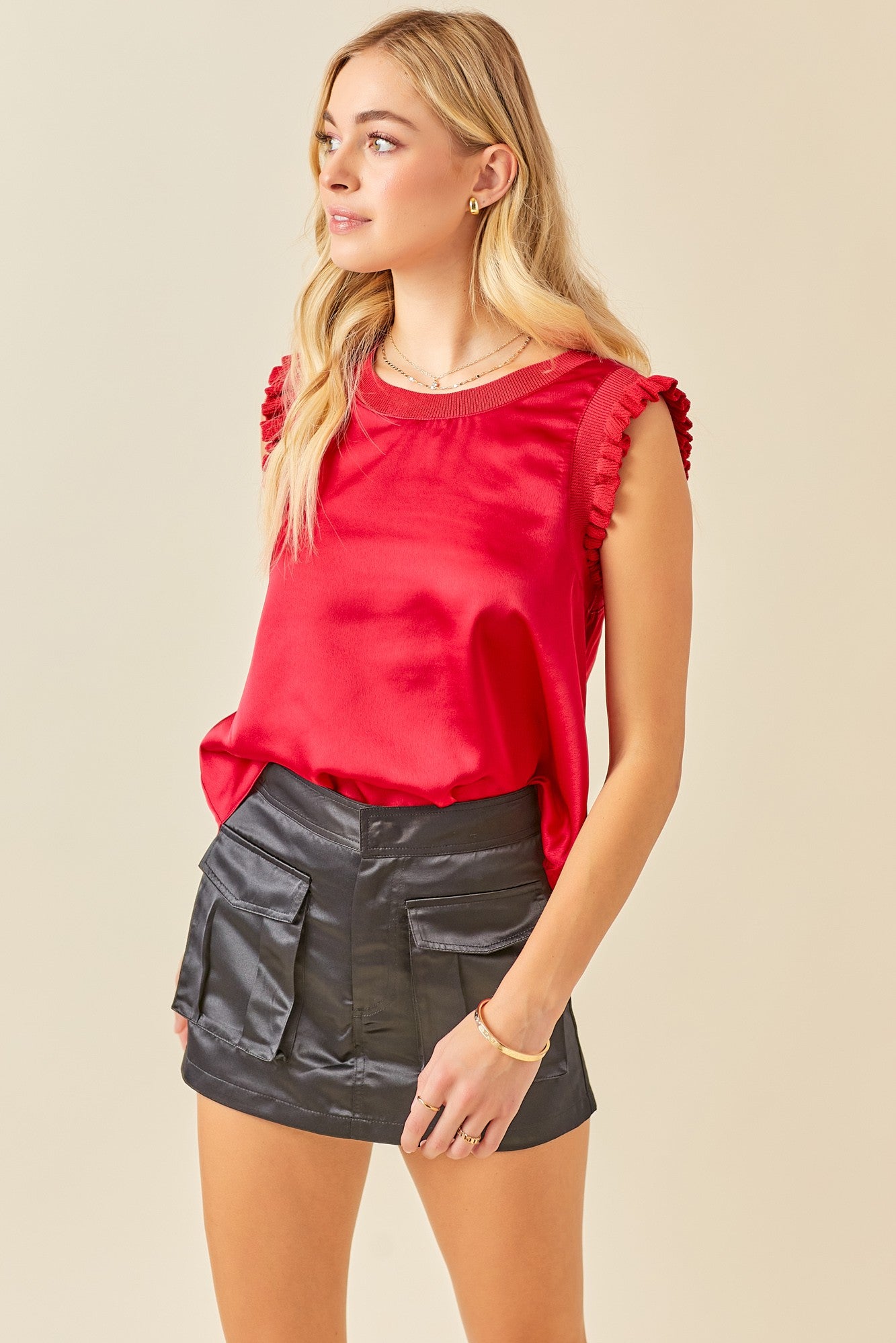 Ribbed Ruffle Detail Satin Top In Crimson