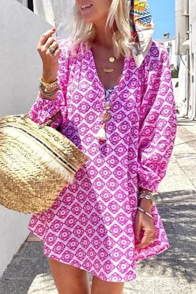 Pink Printed Long Sleeve Dress