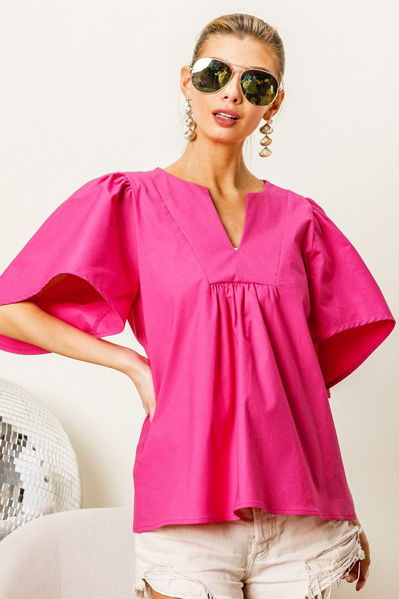 Poplin Puff Sleeve Top In Fuchsia