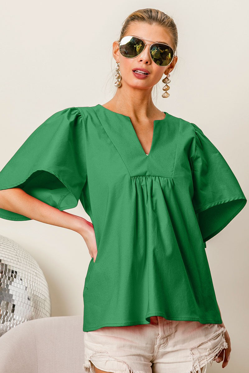 Poplin Puff Sleeve Top In Green