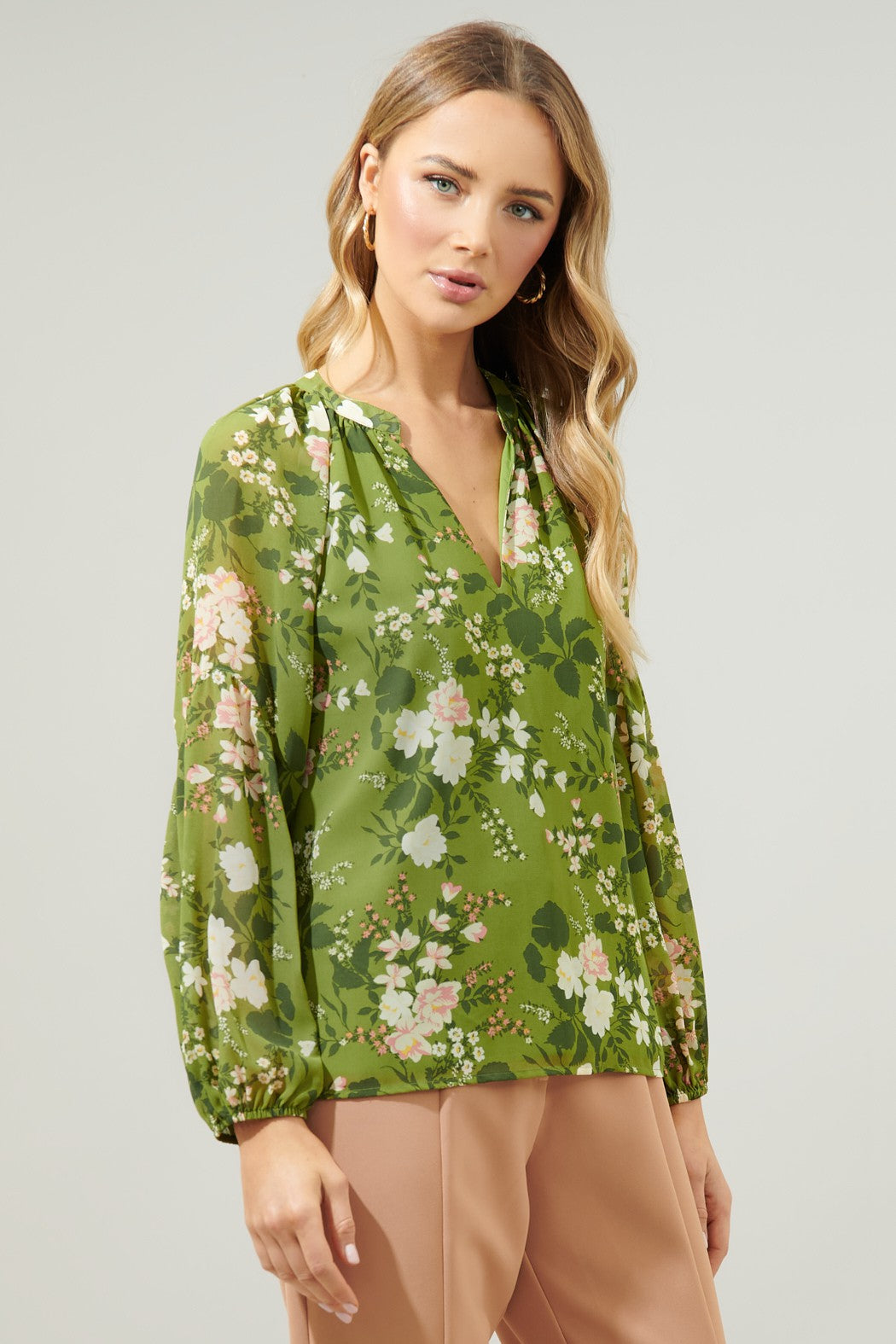 Floral Split Neck Raglan Blouse