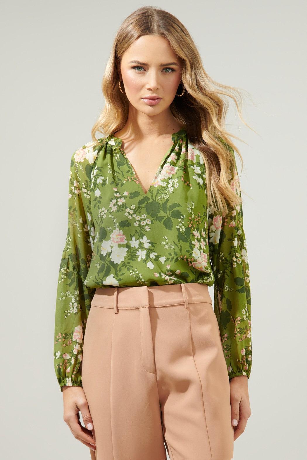 Floral Split Neck Raglan Blouse