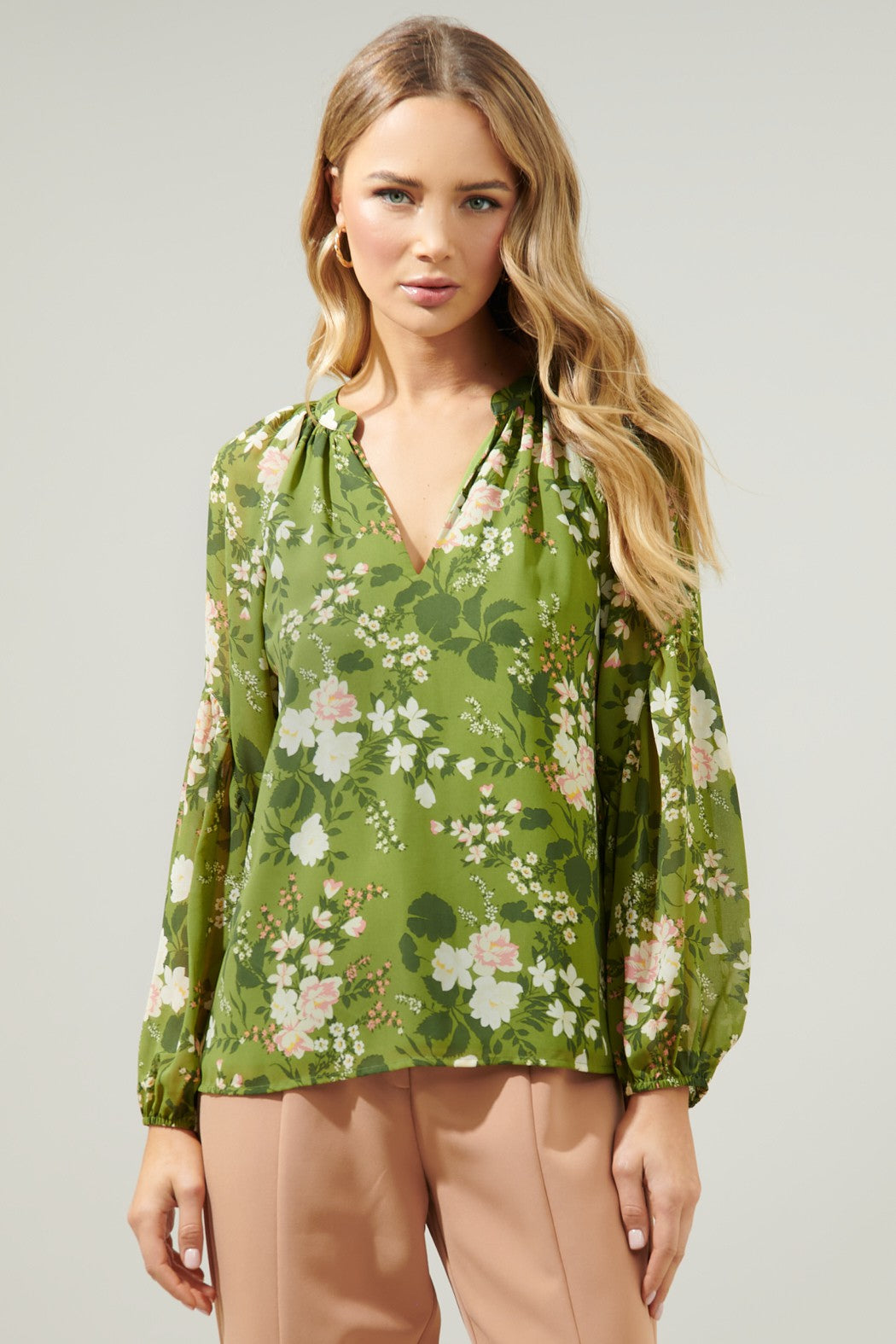 Floral Split Neck Raglan Blouse