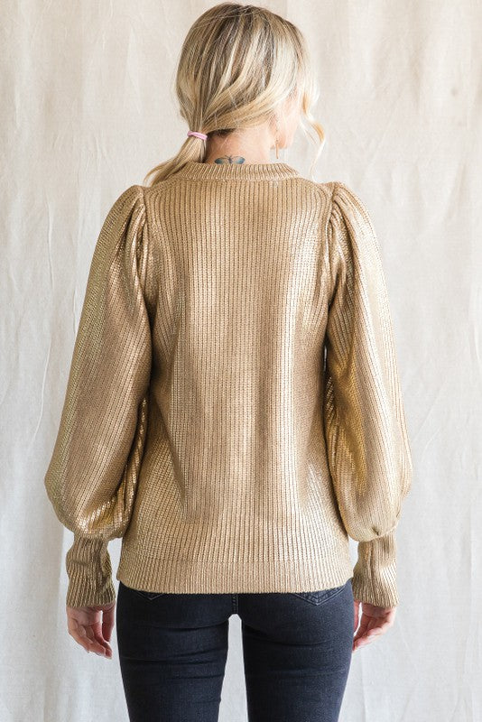 Metallic Knit Lantern Sleeves Sweater In Taupe