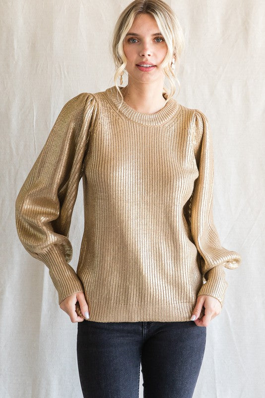 Metallic Knit Lantern Sleeves Sweater In Taupe