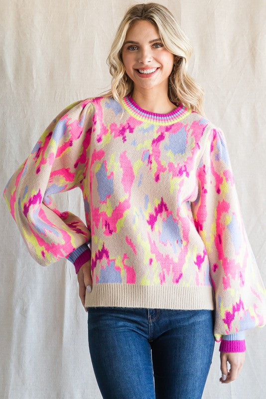 Abstract Print Balloon Sleeve Sweater