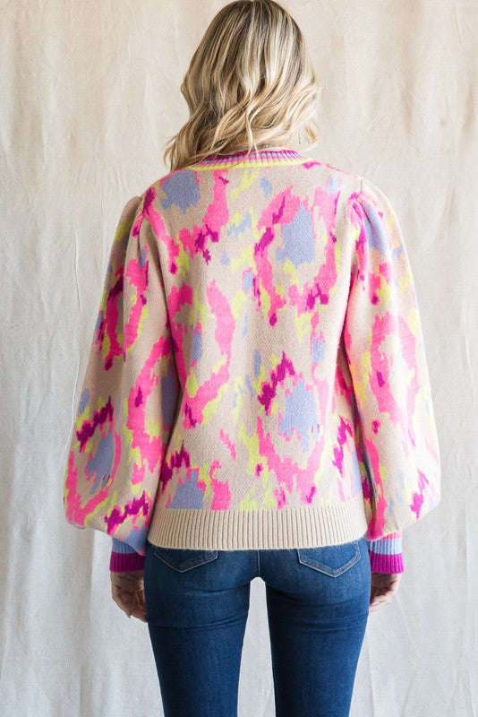 Abstract Print Balloon Sleeve Sweater
