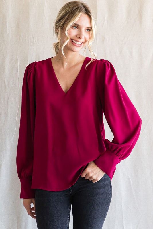 FINAL SALE Solid Long Peasant Sleeves Top In Burgundy