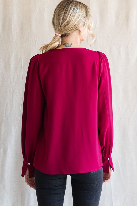FINAL SALE Solid Long Peasant Sleeves Top In Burgundy