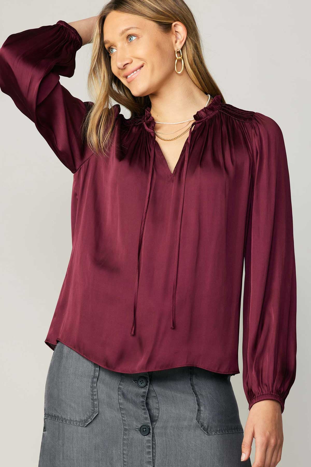 Smocked Detail Blouse In Wine