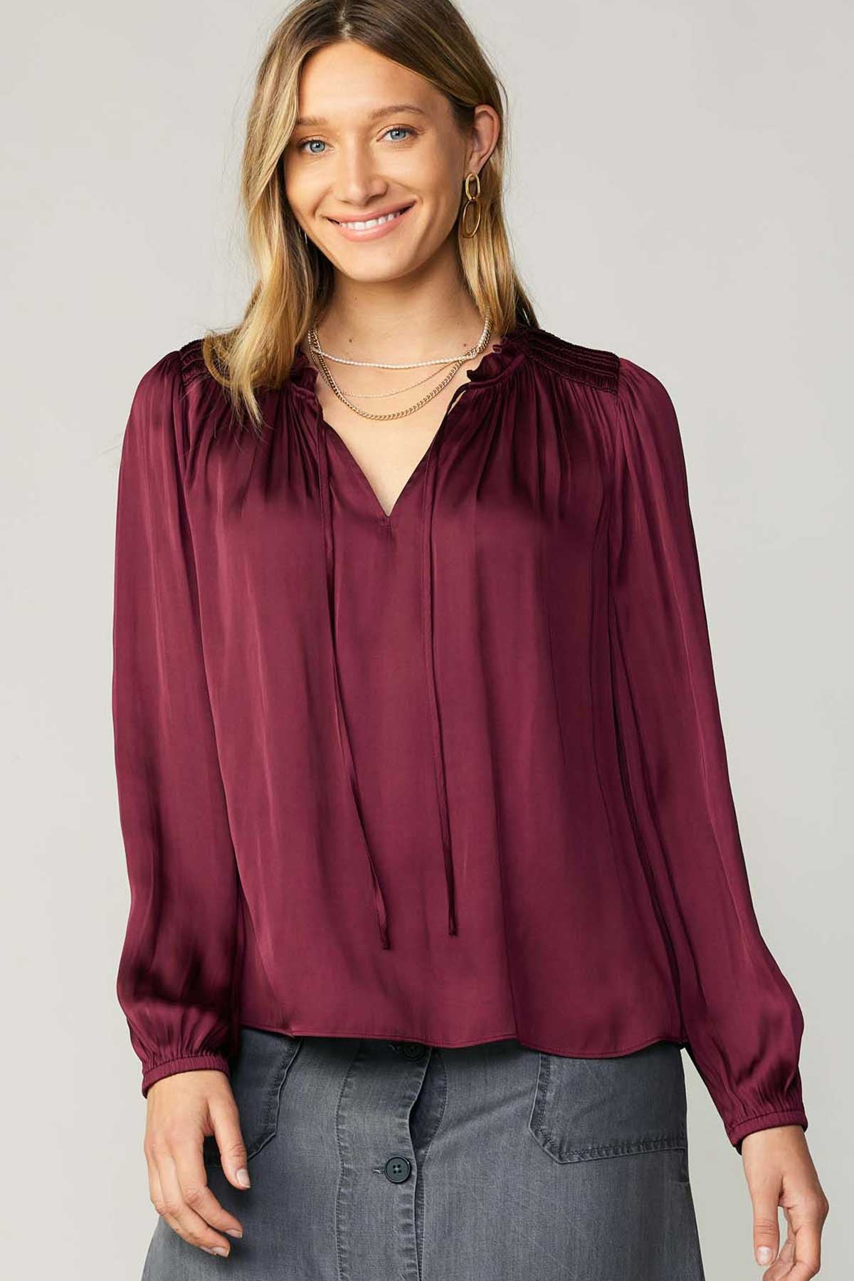 Smocked Detail Blouse In Wine