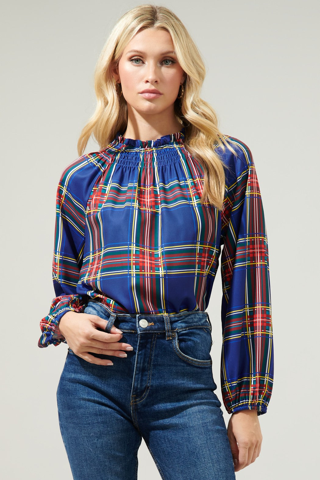 Plaid Smocked Raglan Blouse
