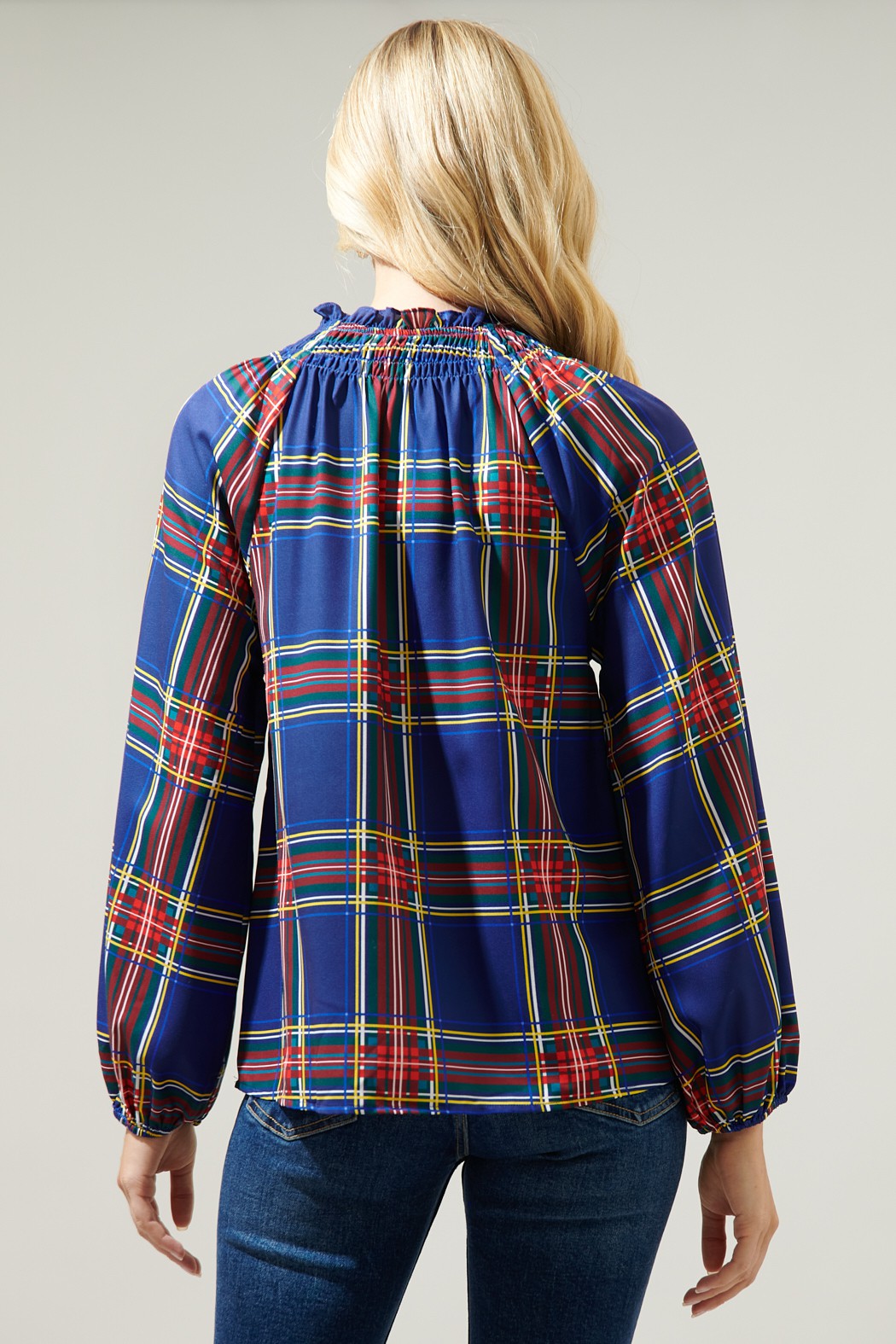 FINAL SALE Plaid Smocked Raglan Blouse