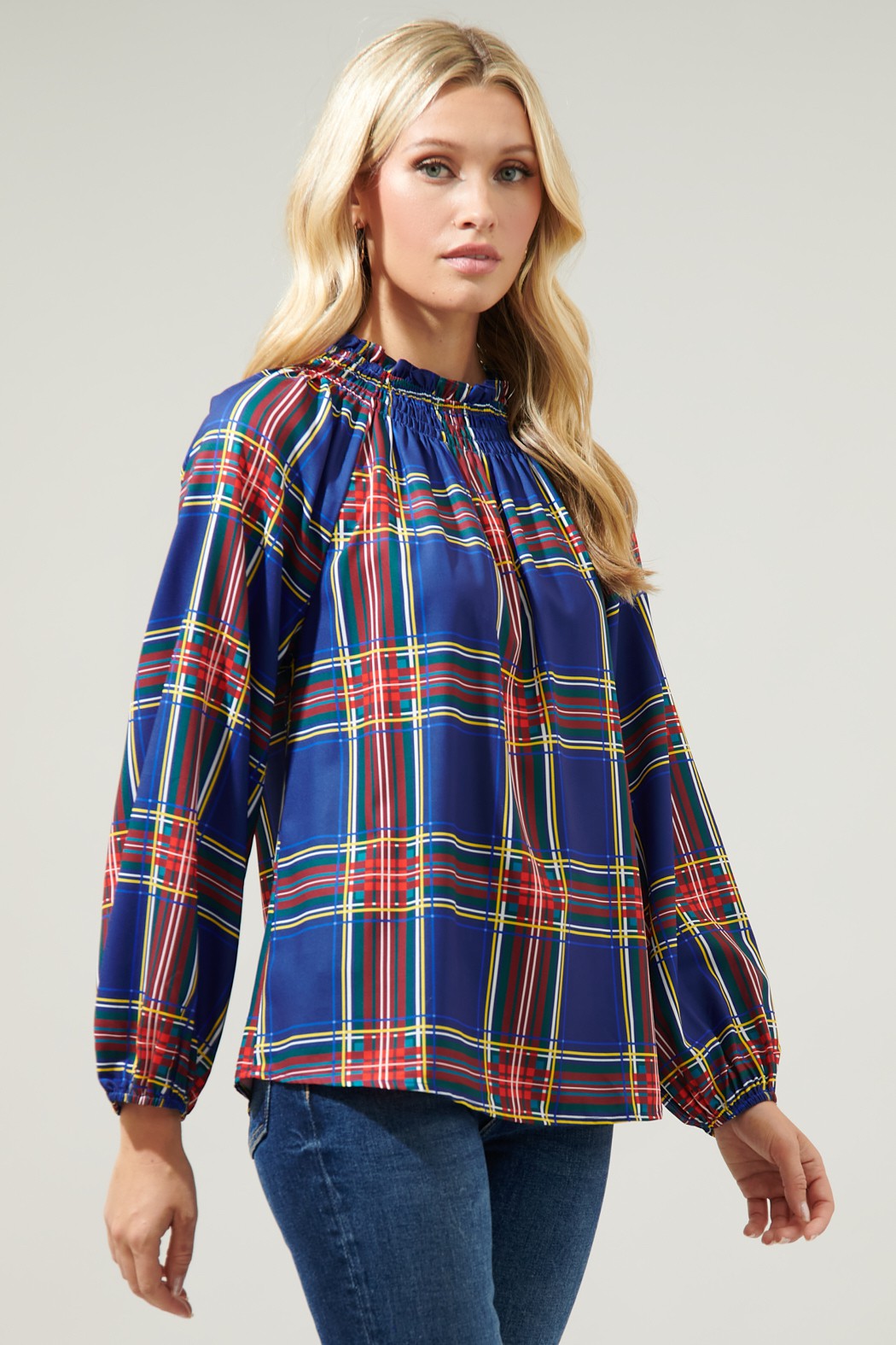 Plaid Smocked Raglan Blouse