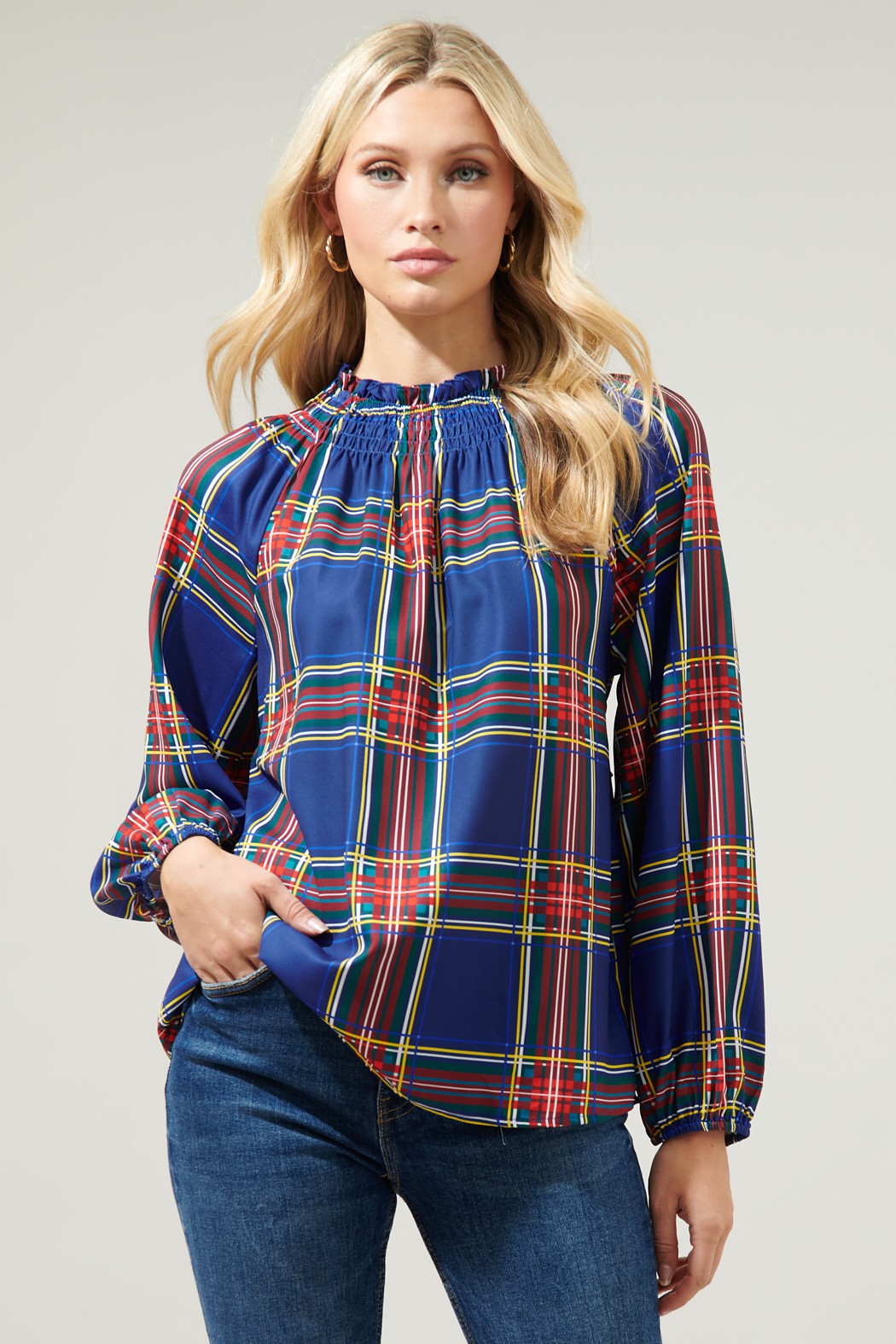 Plaid Smocked Raglan Blouse