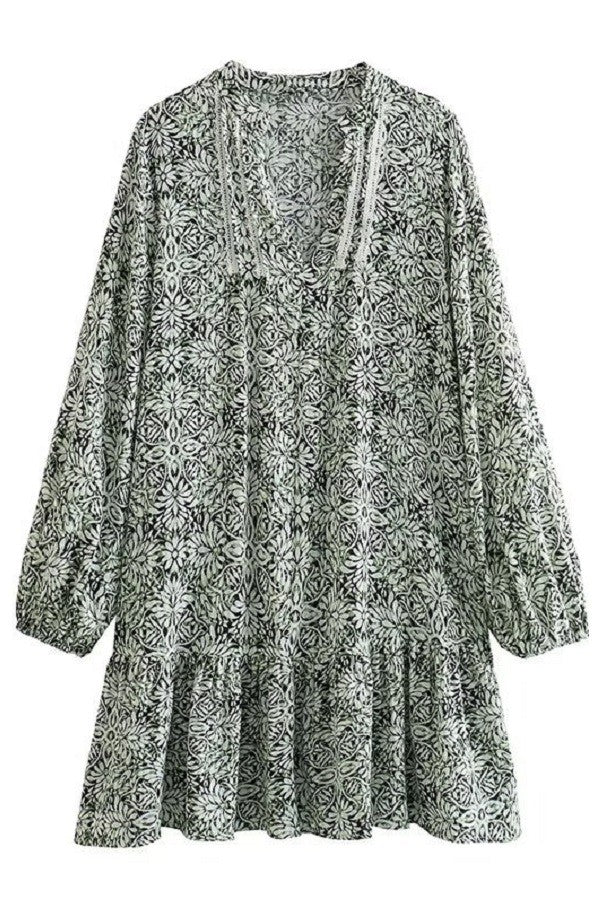 Green & Black Floral Long Sleeve Dress