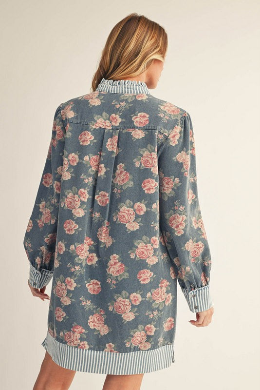 Stripe Detail Floral Denim Dress