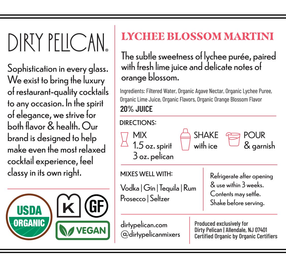 Dirty Pelican Skinny/Organic Lychee Blossom Martini Mixer