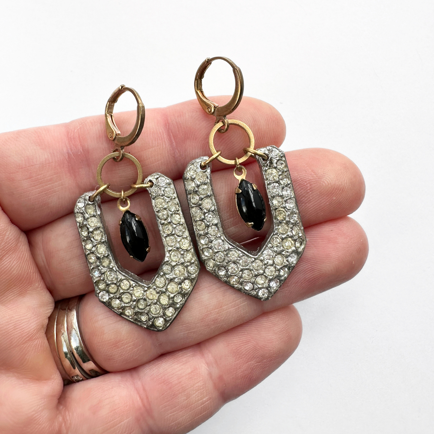 Vintage Art Deco Rhinestone Earrings with Black Glass Drop