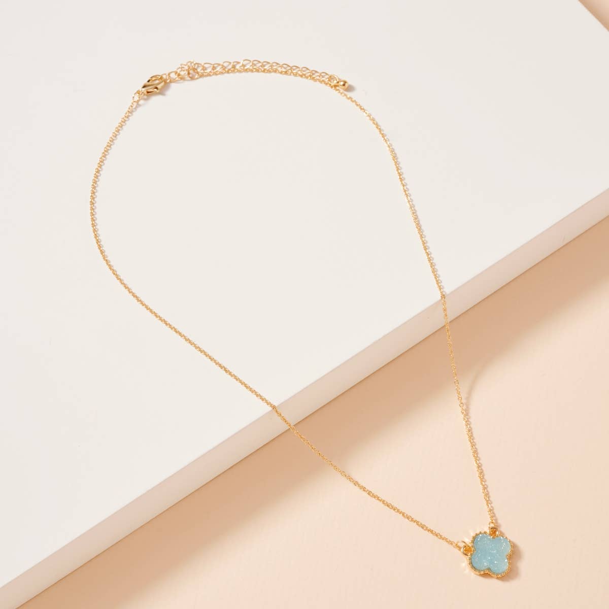 Flower Charm Druzy Stone Short Necklace-Aqua