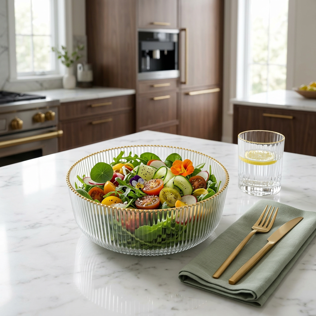 Clear Glass Salad Bowl Straight Cut, Ribbed with Gold Rim