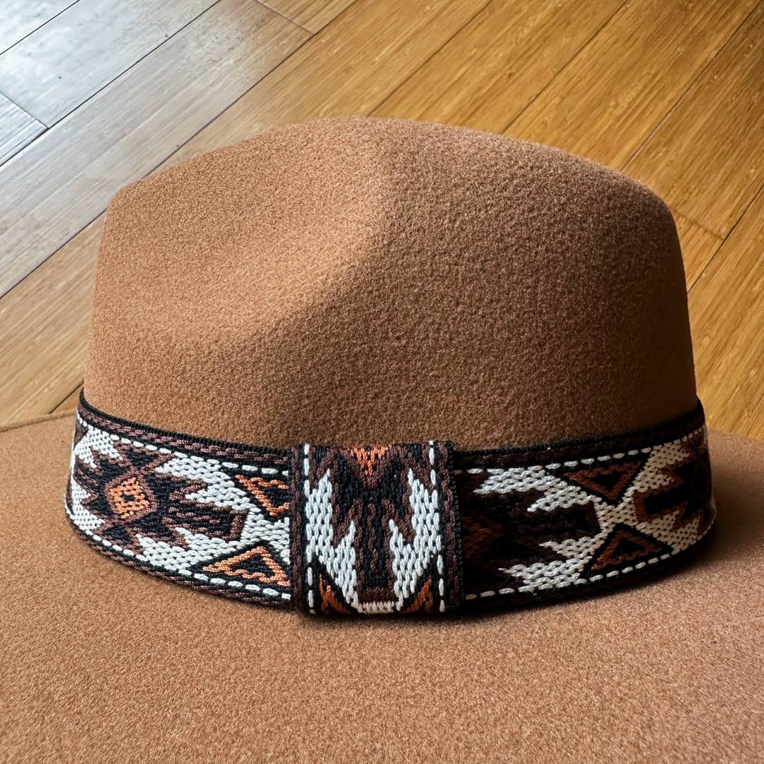 Elegant Camel Fedora with Multi Aztec Western Print Ribbon: One Size