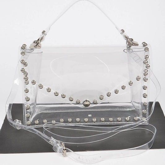 Round Metal Studded Transparent Crossbody Bag: Clear Silver