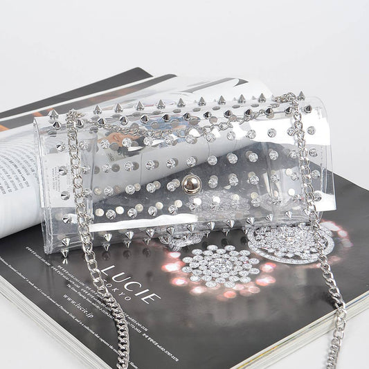 Spike Studded Clear Clutch: Silver