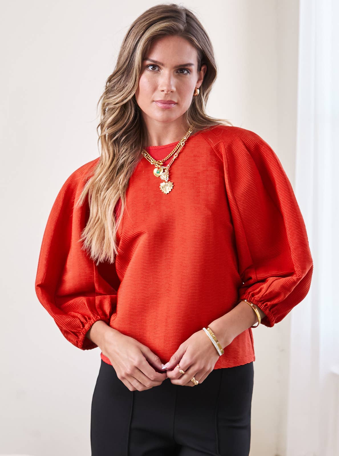Textured Fabric Voluminous Sleeve Top