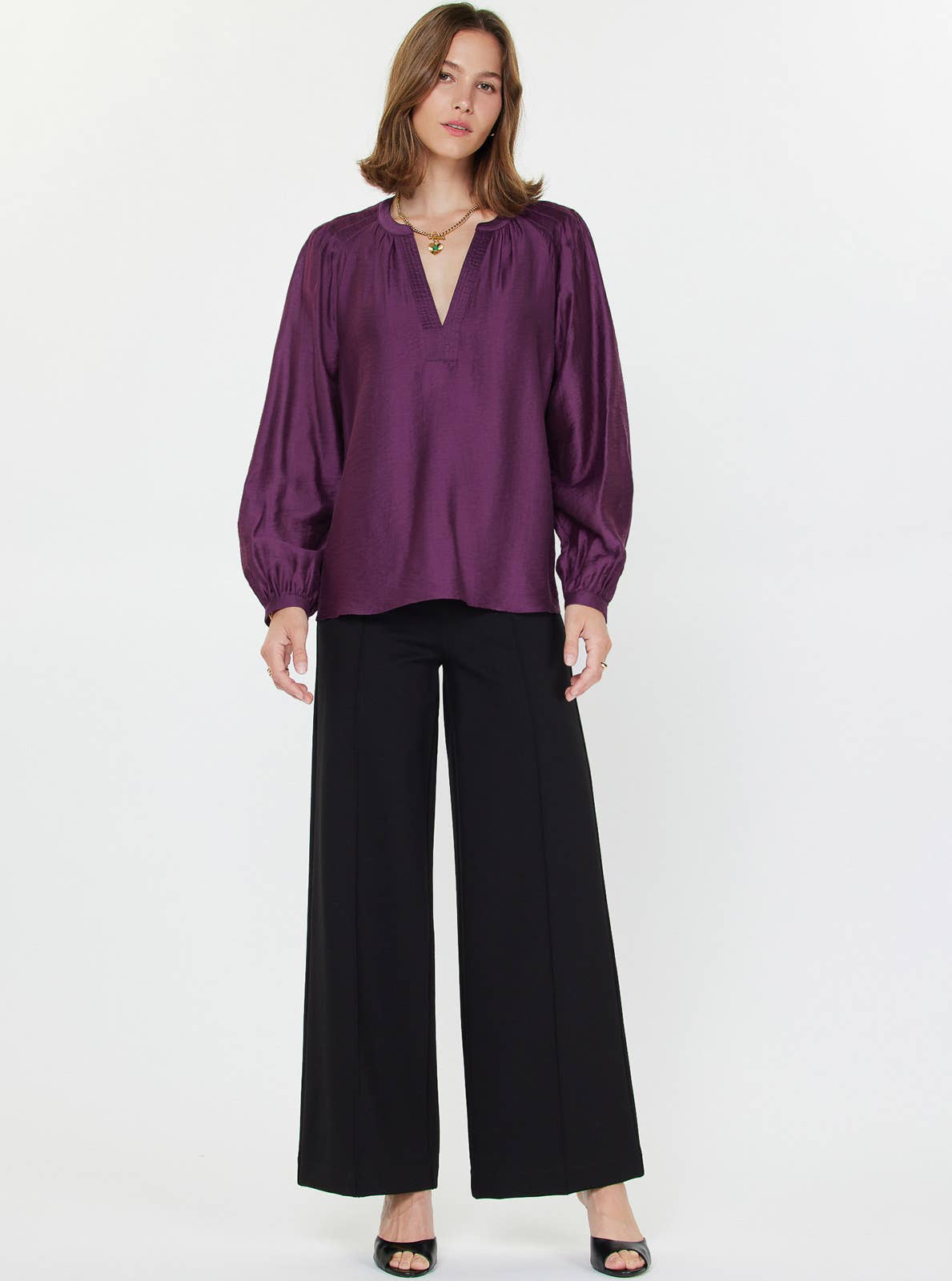 Long-sleeve Split Neck Blouse