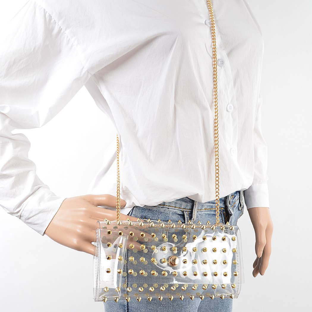 Spike Studded Clear Clutch: Gold