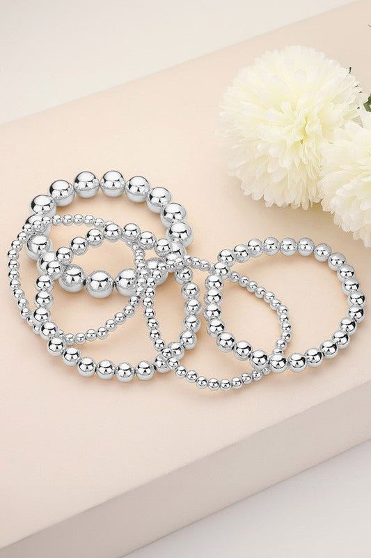 Silver Beaded Stretch Bracelets-Set of 5