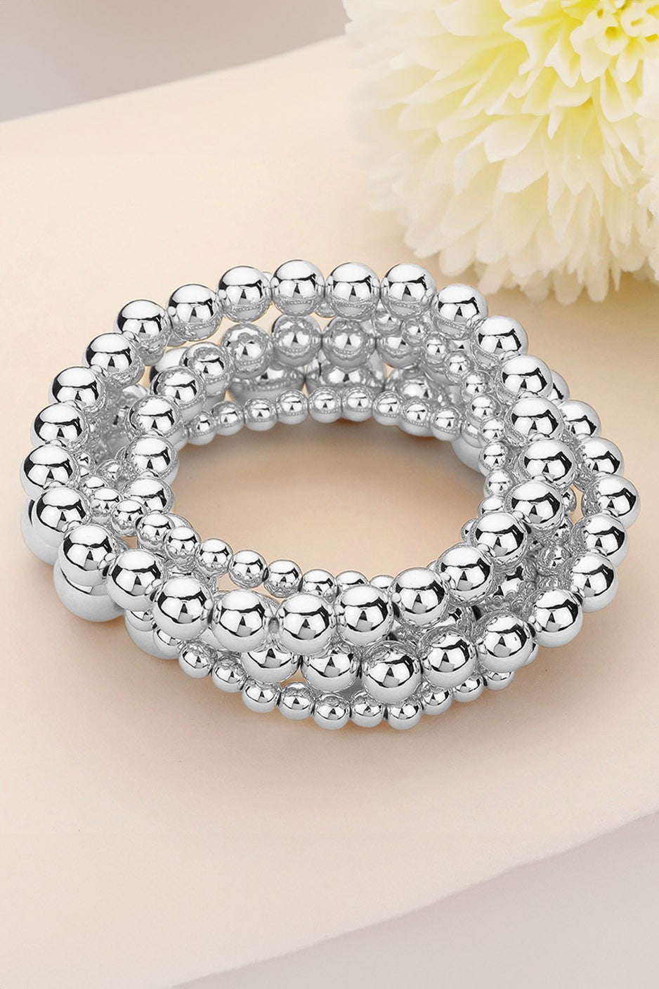 Silver Beaded Stretch Bracelets-Set of 5