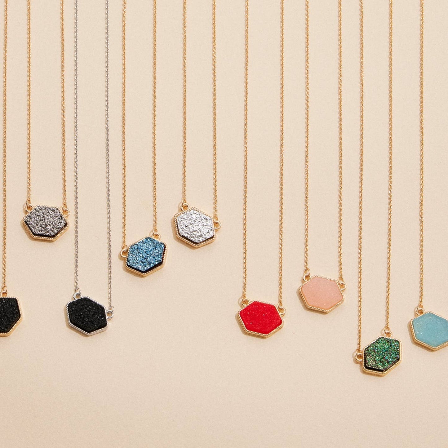 Hexagon Druzy Stone Charm Short Necklace-Gold