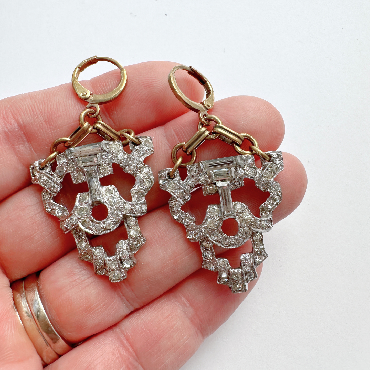 Vintage Art Deco Silver & Rhinestone Earrings with Brass Lever Back Clasps