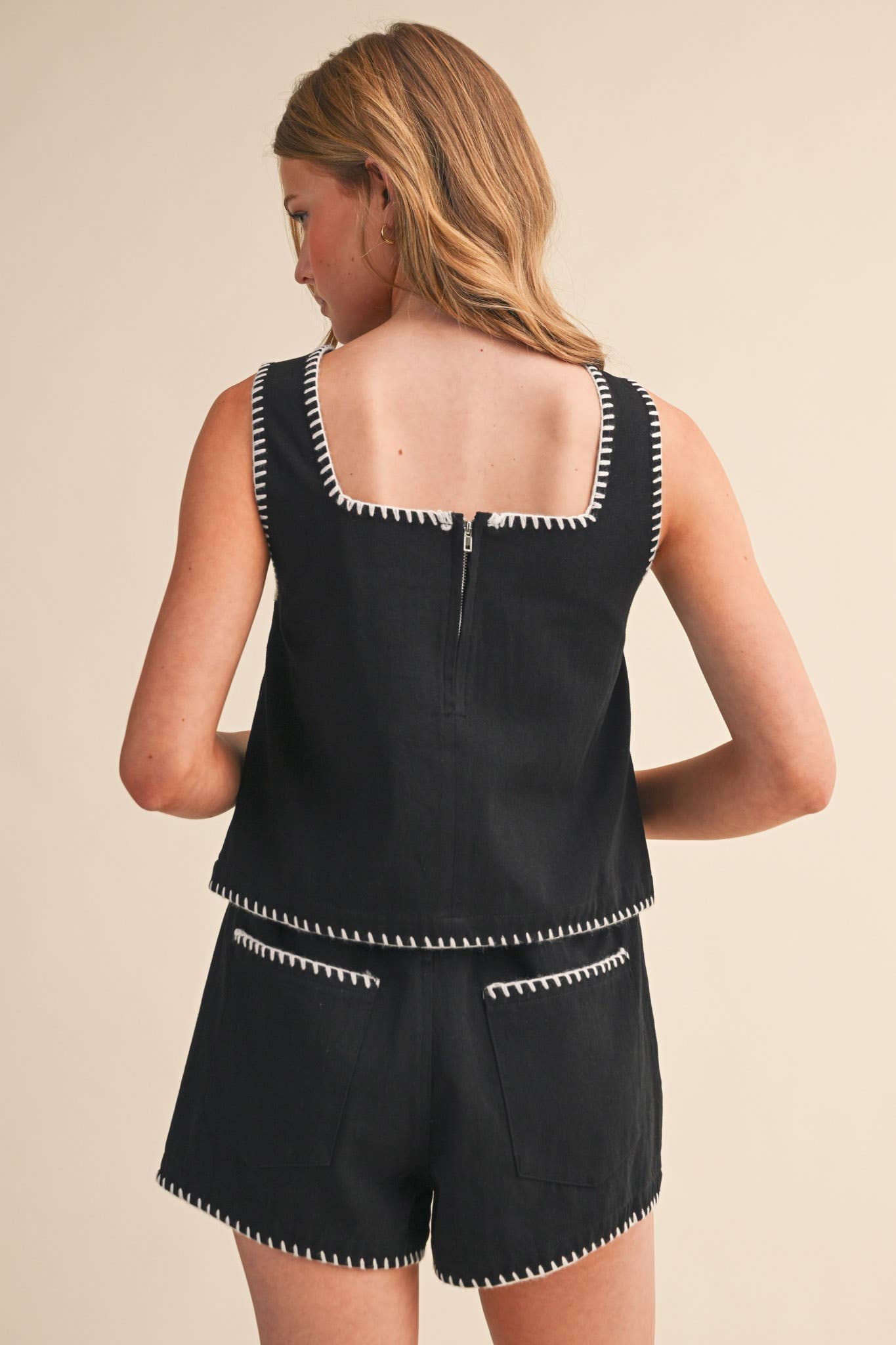 Whipstitch Denim Top & Shorts Set