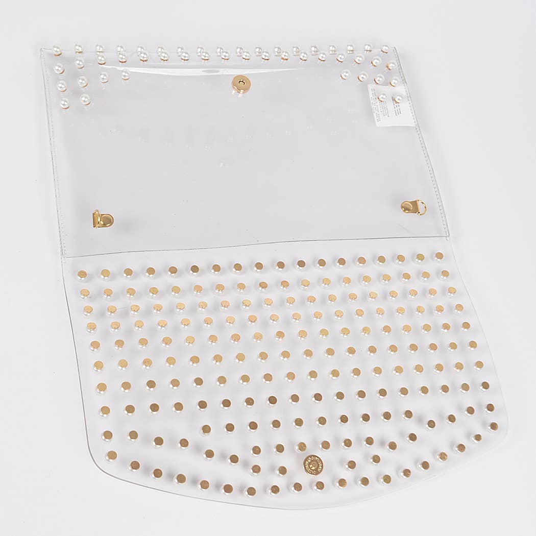 Pearl Studded Transparent Envelope Clutch: Gold